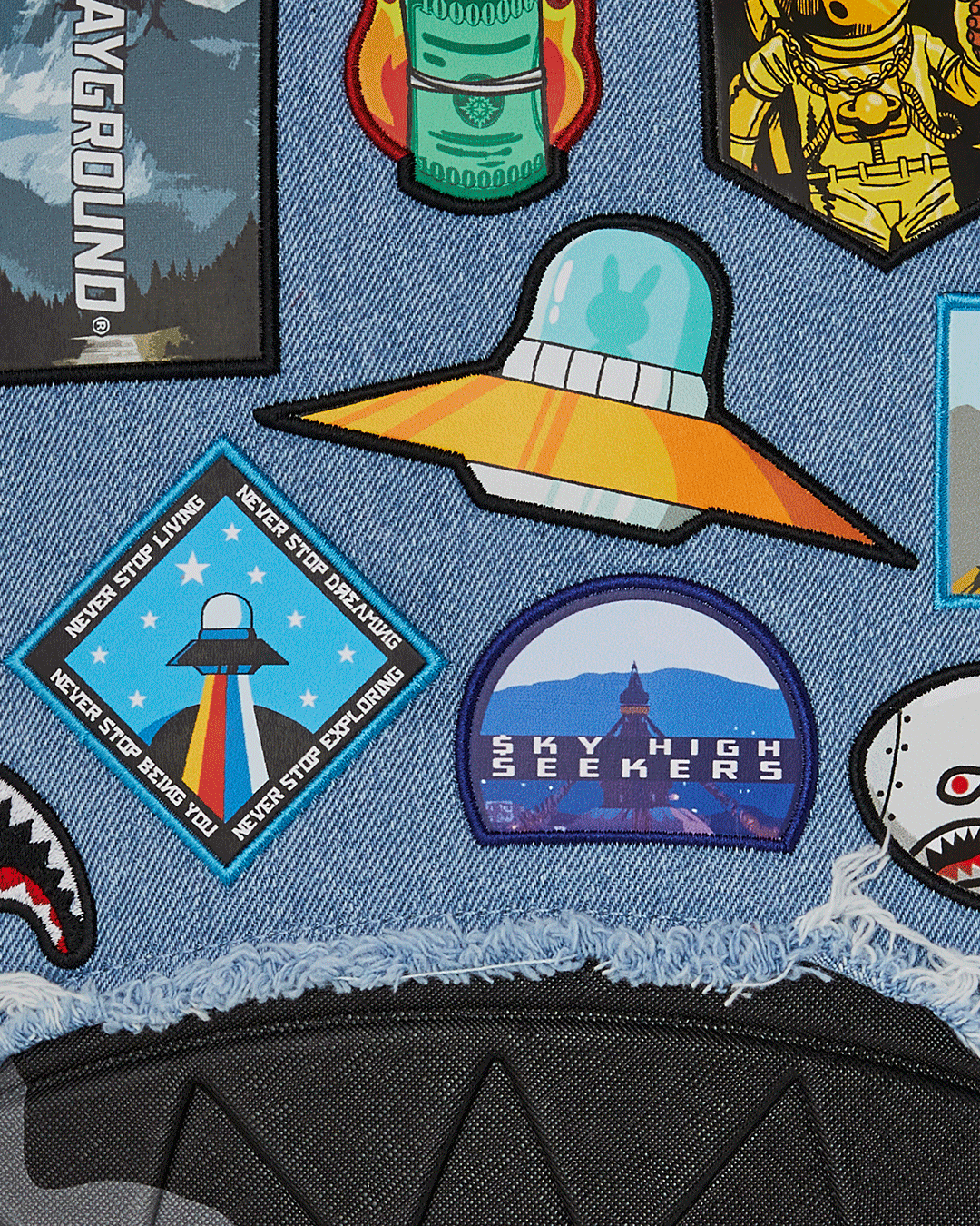 Image of Унисекс Раница SPRAYGROUND DENIM TEAR 3 AM PATCHES BACKPACK