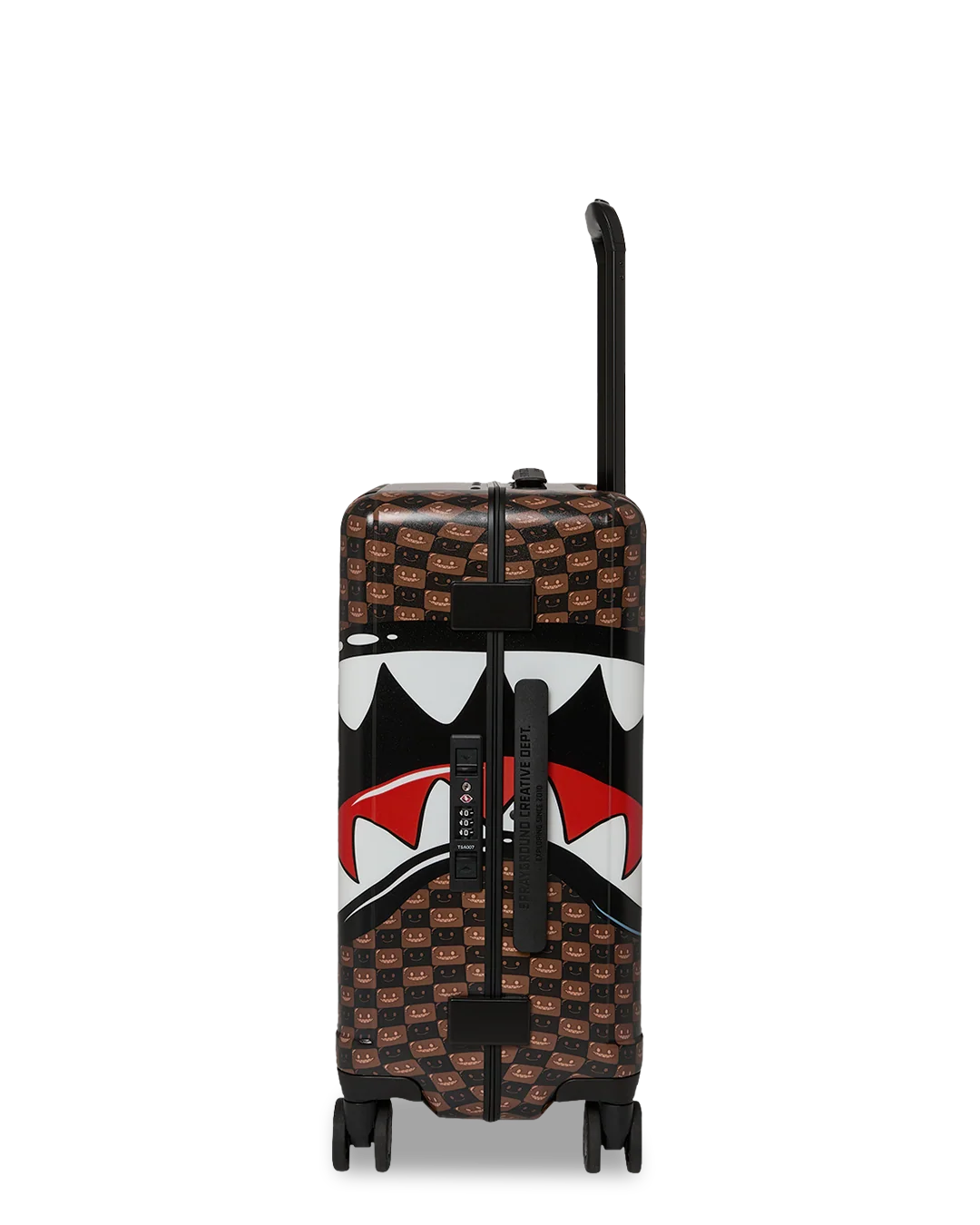 Image of Унисекс Куфар SPRAYGROUND SHARKS IN PARIS WTF BUBBLE BROWN CHECK CARRY-ON LUGGAGE
