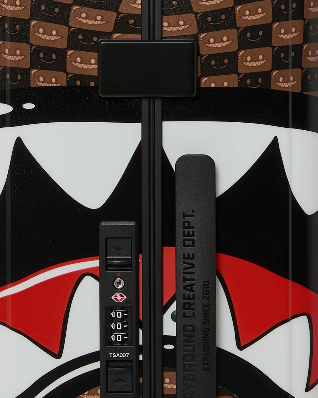 Image of Унисекс Куфар SPRAYGROUND SHARKS IN PARIS WTF BUBBLE BROWN CHECK CARRY-ON LUGGAGE