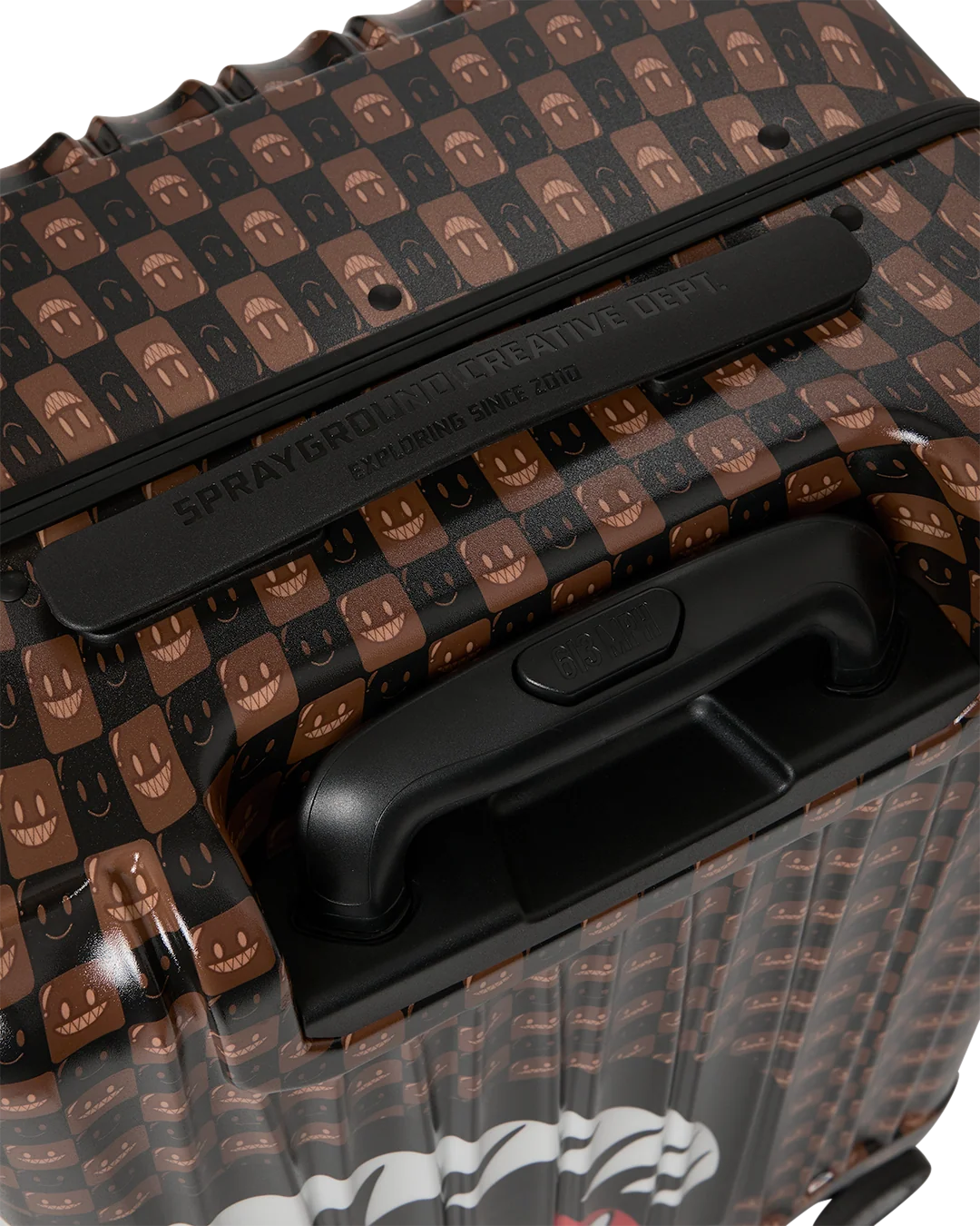 Image of Унисекс Куфар SPRAYGROUND SHARKS IN PARIS WTF BUBBLE BROWN CHECK CARRY-ON LUGGAGE